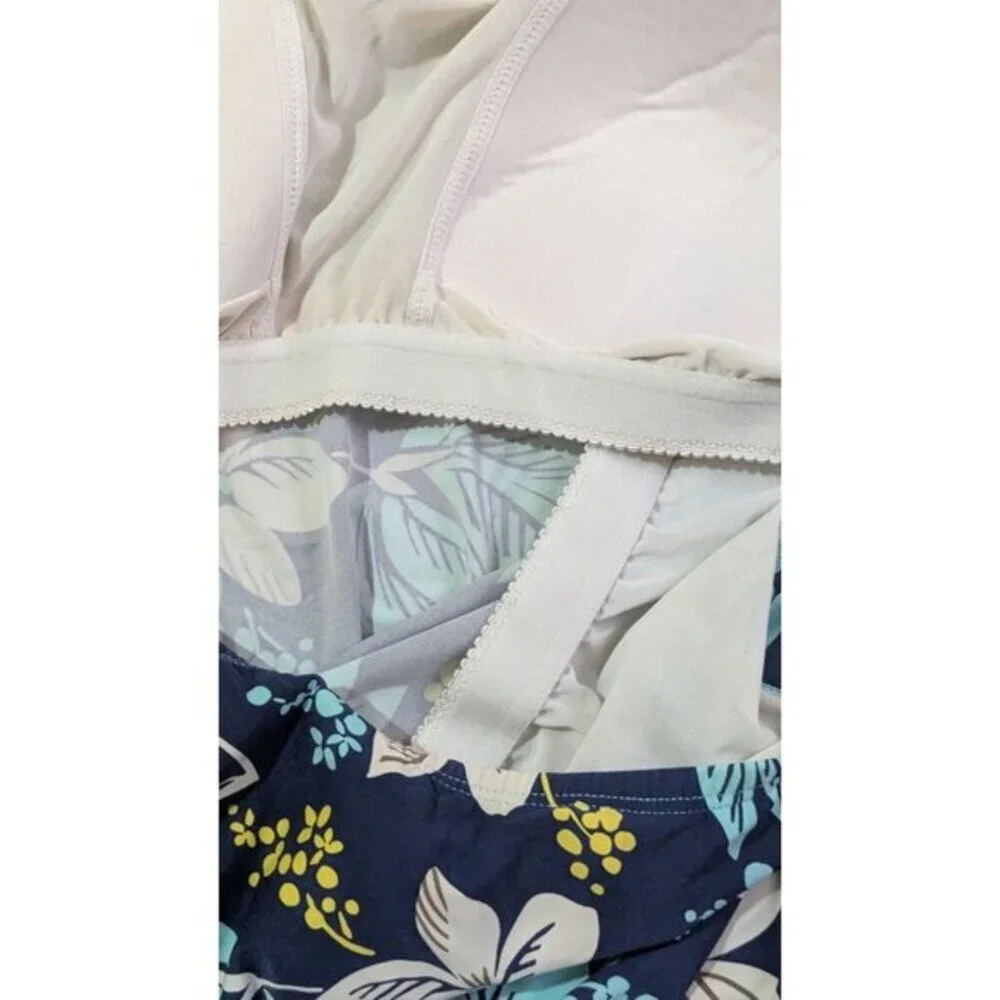 Beach House‎ Woman Floral Tankini Top Navy Blue Turquoise 22W HW12012